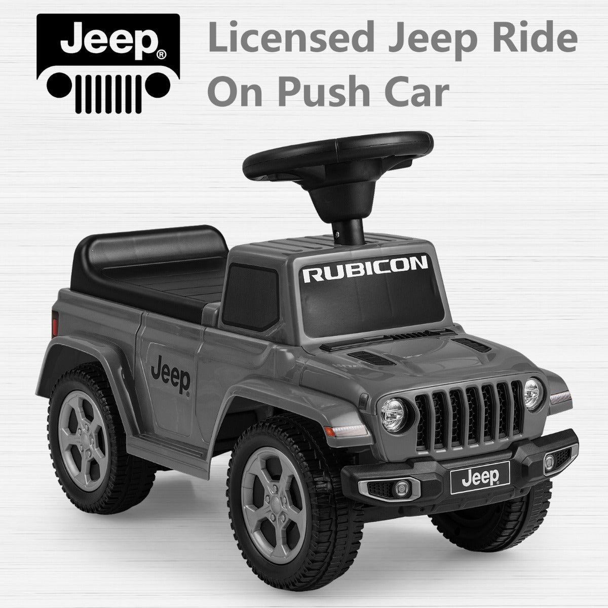 Grey Jeep ride on push car with text overlay