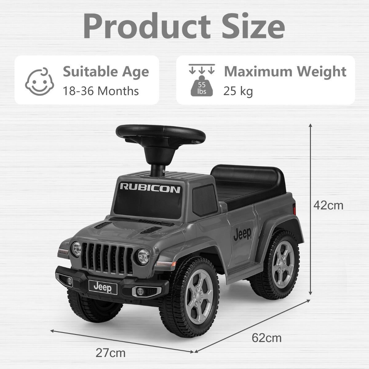 Grey Jeep ride on push car with size dimensions indicated