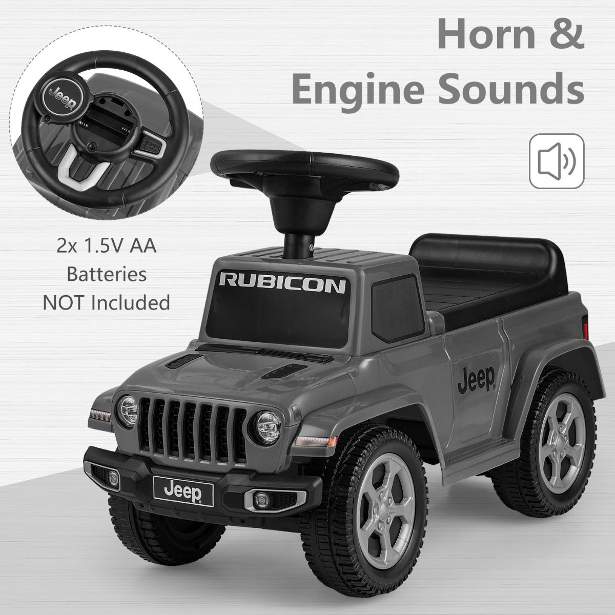 Grey Jeep ride on push car showing steering wheel and sound feature