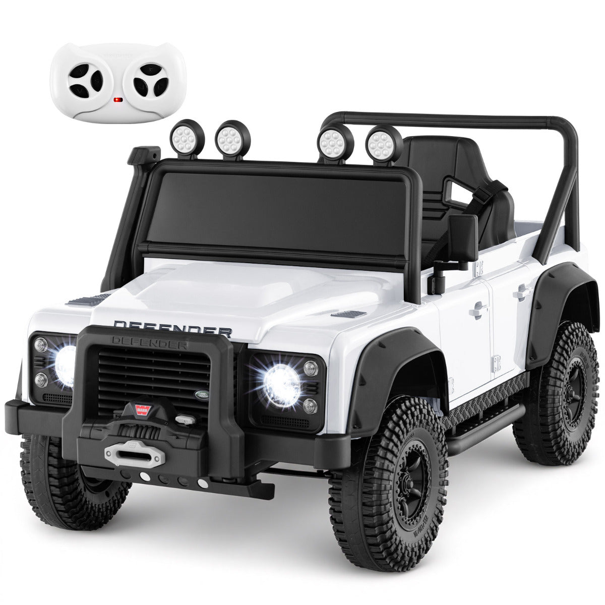 The kids electric car shown from the front with the remote control floating above it