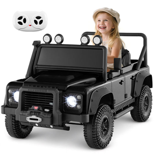 Licensed Land Rover Defender 12V Ride On Toy Car with a child sitting inside and a remote control