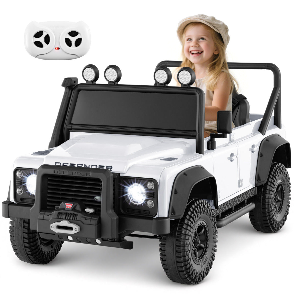Licensed Land Rover Defender 12V Ride On Toy Car with a child sitting inside and a remote control