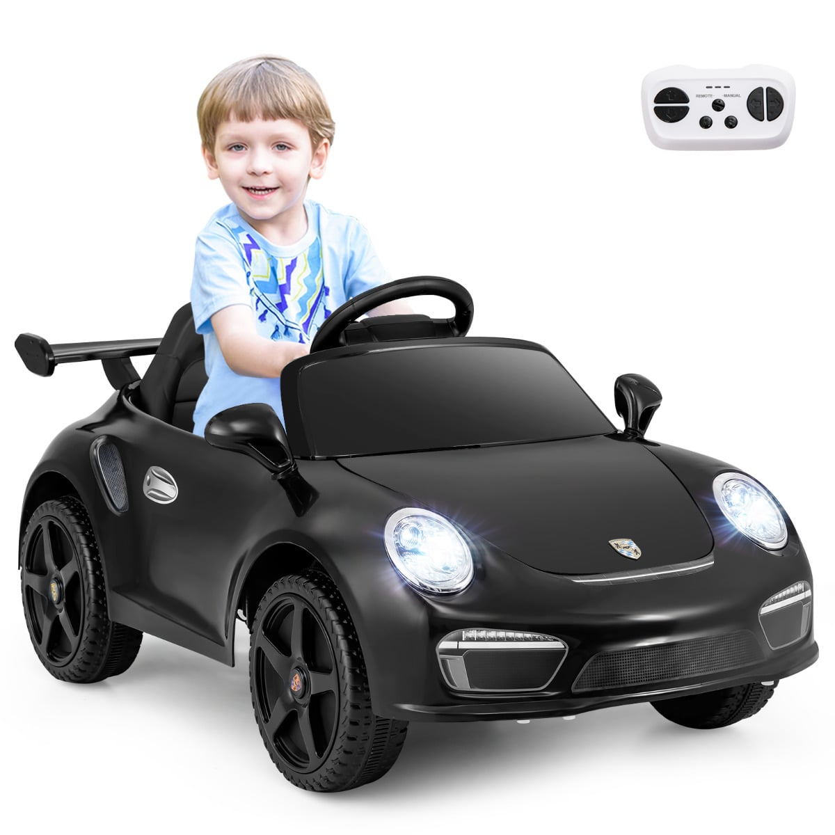 Black kids electric car with a child driving and remote control shown