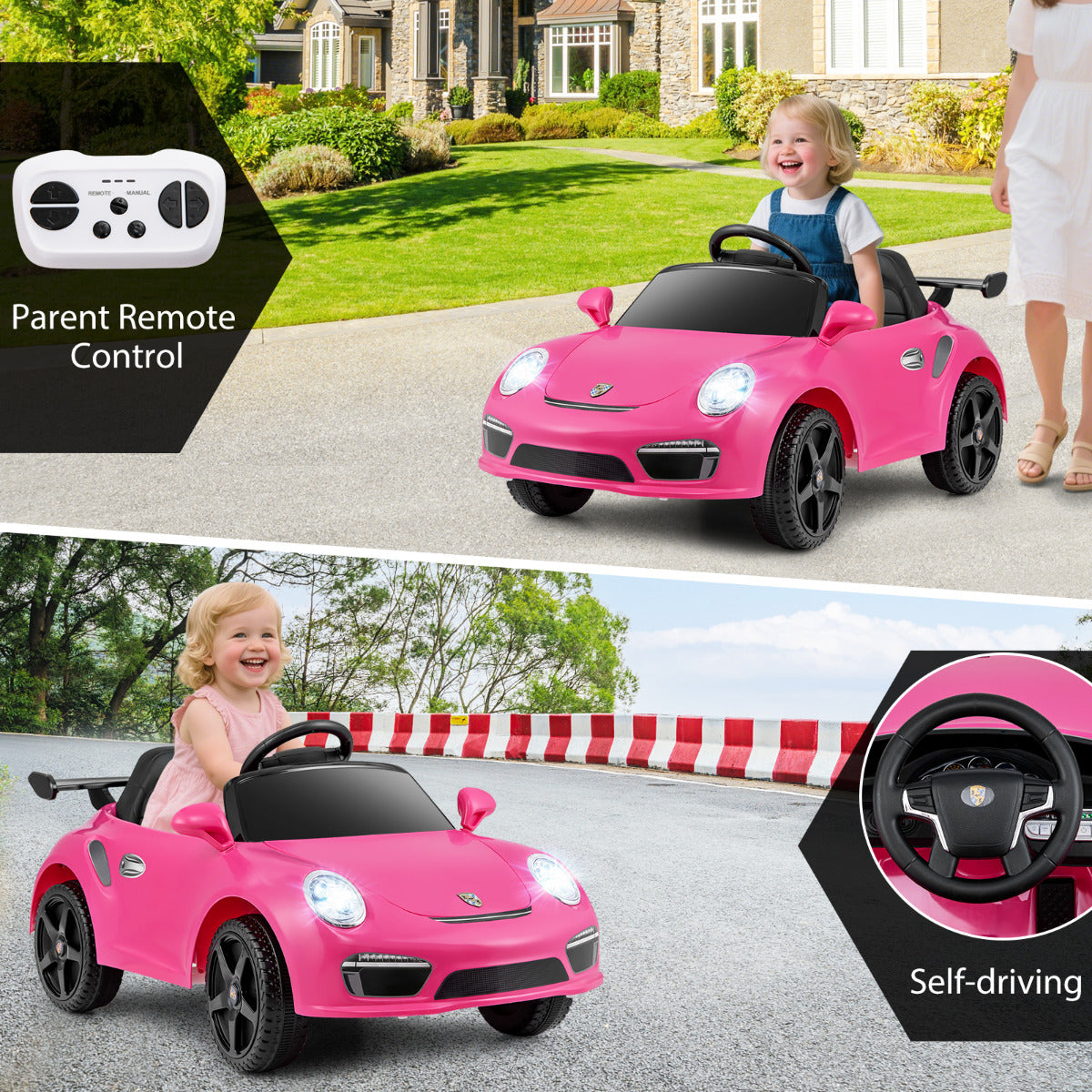 Collage showing a child driving the rose pink electric car and the parent remote control