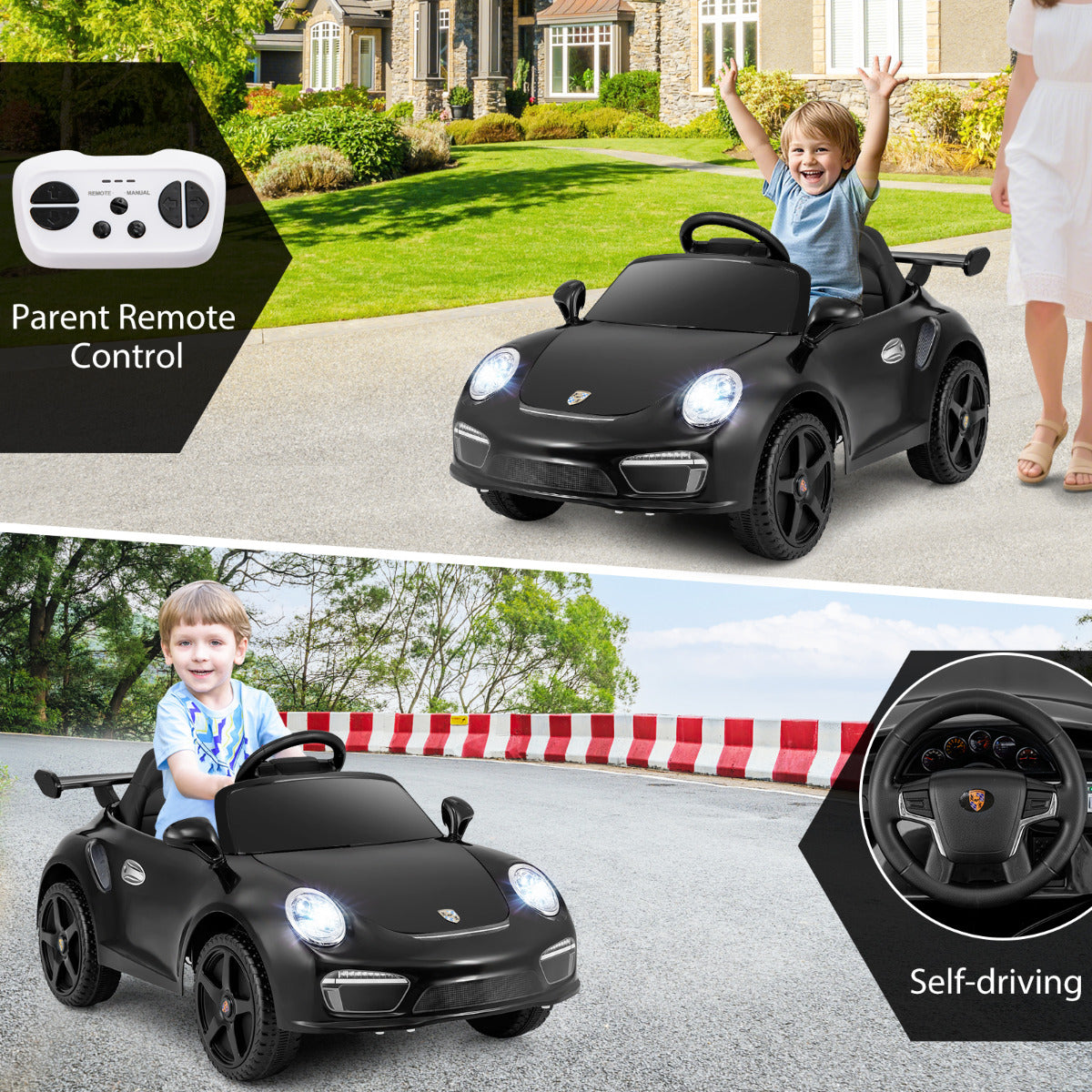 Collage showing a child driving the black kids electric car and remote control
