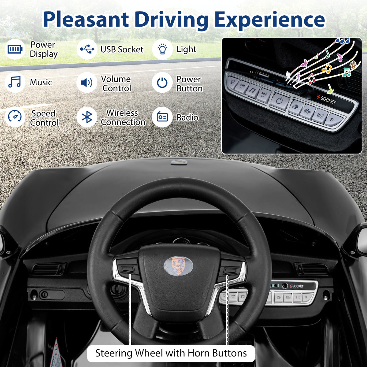 Close up of the steering wheel and dashboard of the black kids electric car