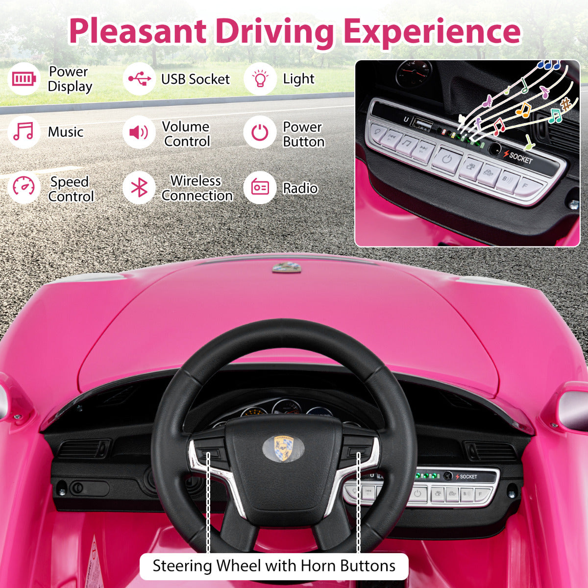 Close up of the steering wheel and dashboard controls of the rose pink electric car