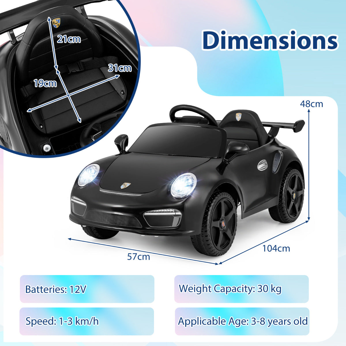 Dimensions diagram for the black kids electric car showing measurements