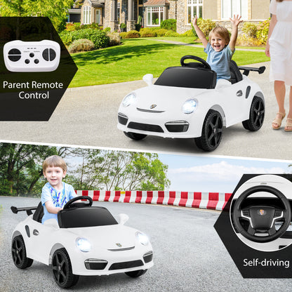 Collage showing a child driving the white kids electric car and the remote control