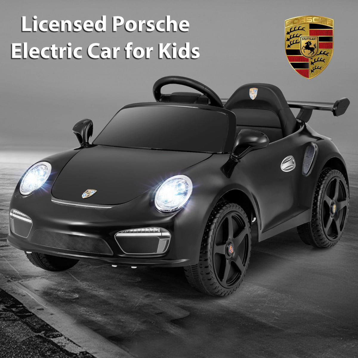 Black kids electric car with Porsche badge and lights on