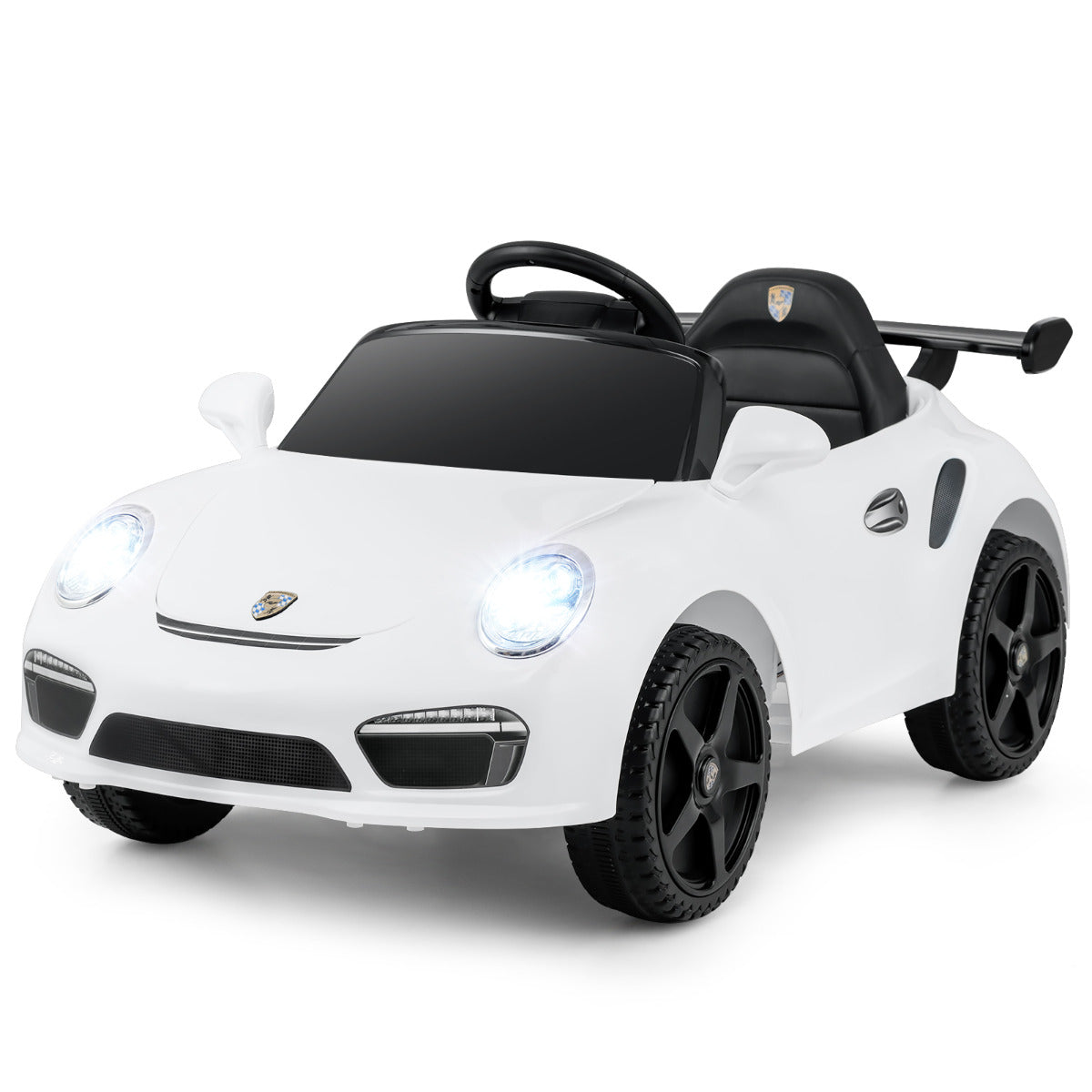 Licensed Porsche Electric Vehicle 12V Kids Ride on Car in white, front three-quarter view with headlights on