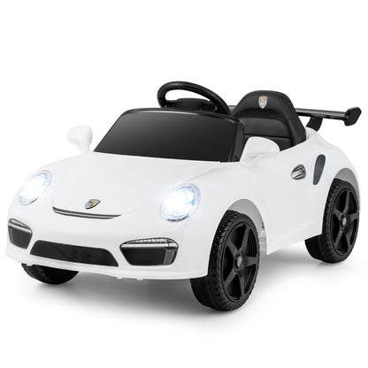 Licensed Porsche Electric Vehicle 12V Kids Ride on Car in white, front three-quarter view with headlights on