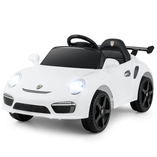 Licensed Porsche Electric Vehicle 12V Kids Ride on Car in white, front three-quarter view with headlights on