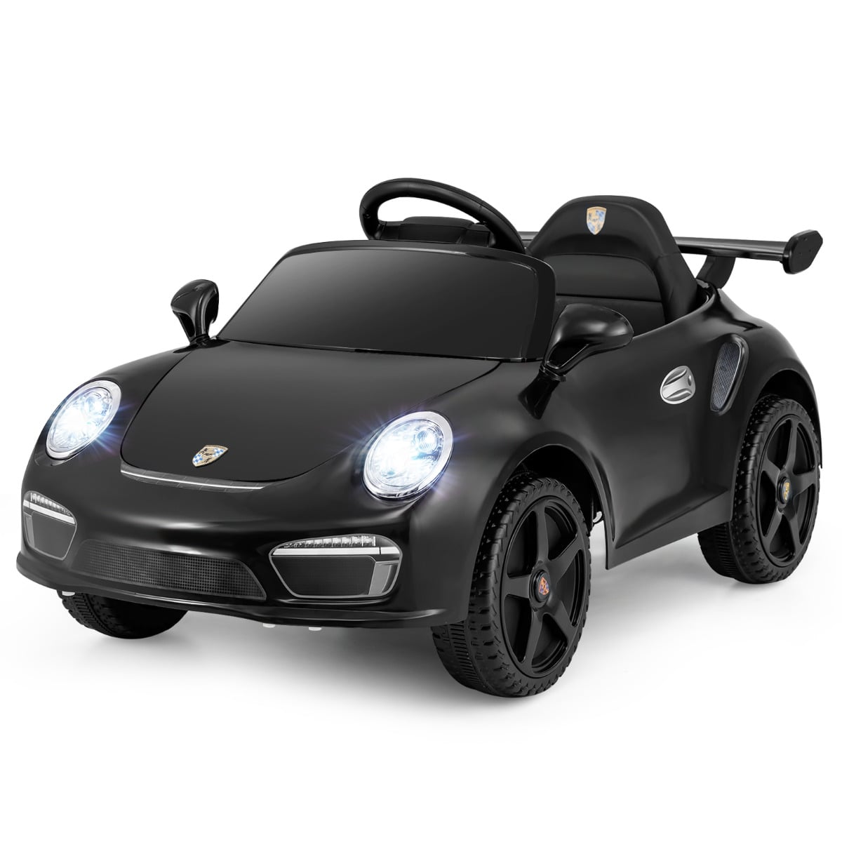 Licensed Porsche Electric Vehicle 12V Kids Ride on Car in black, front view with lights on