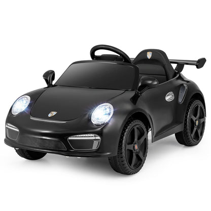 Licensed Porsche Electric Vehicle 12V Kids Ride on Car in black, front view with lights on
