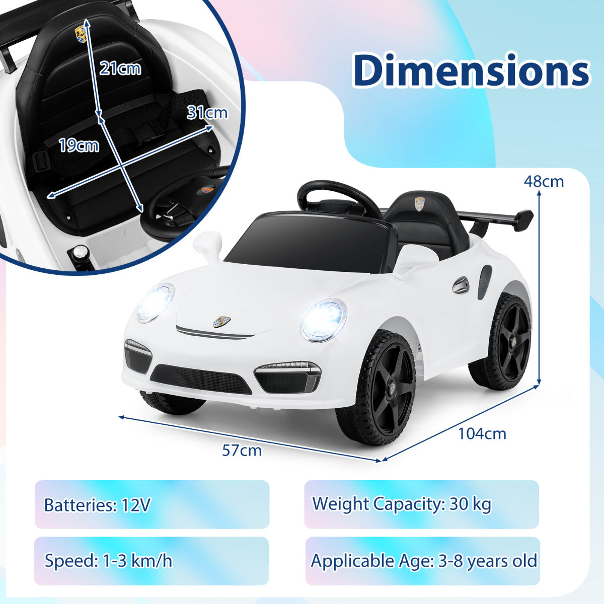 Dimensions diagram for the white kids electric car showing height, width and depth