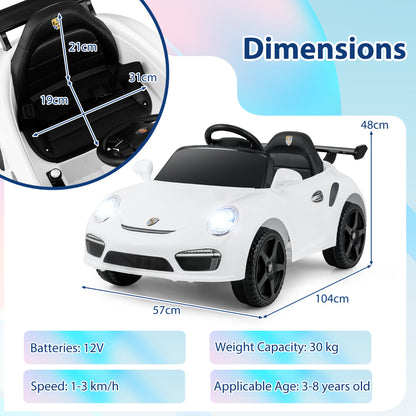 Dimensions diagram for the white kids electric car showing height, width and depth