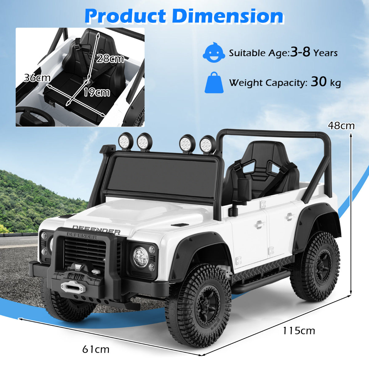 Licensed Land Rover Defender 12V Ride On Toy Car, the kids electric car with arrows indicating the exterior and interior seat
