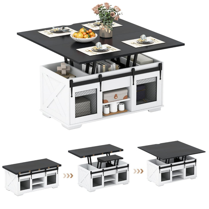 Lift Top Coffee Table with two sliding barn doors and open shelves in black and white