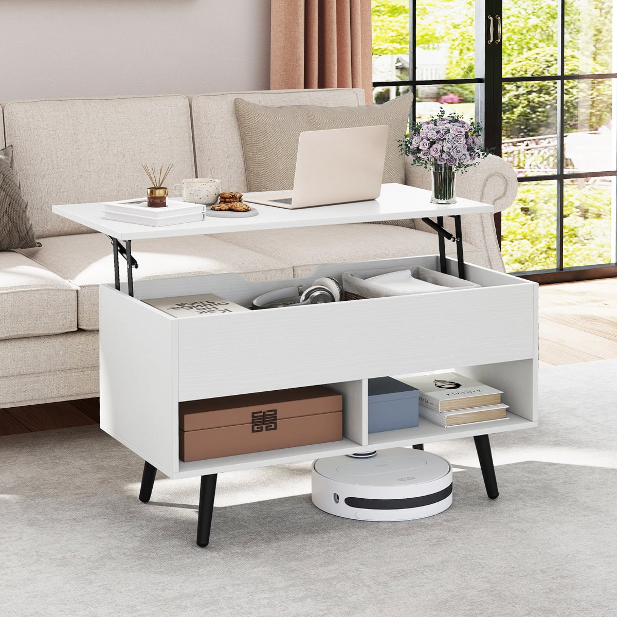 Lift Top Coffee Table with Hidden Compartment and Open Storage Shelves-White