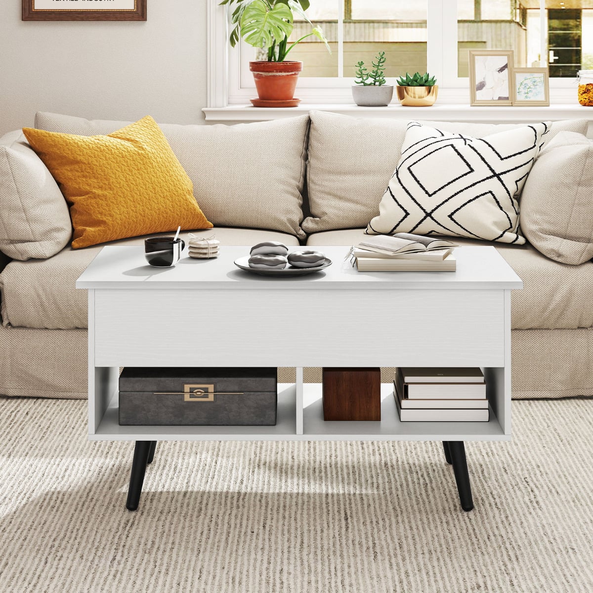 Lift Top Coffee Table with Hidden Compartment and Open Storage Shelves-White