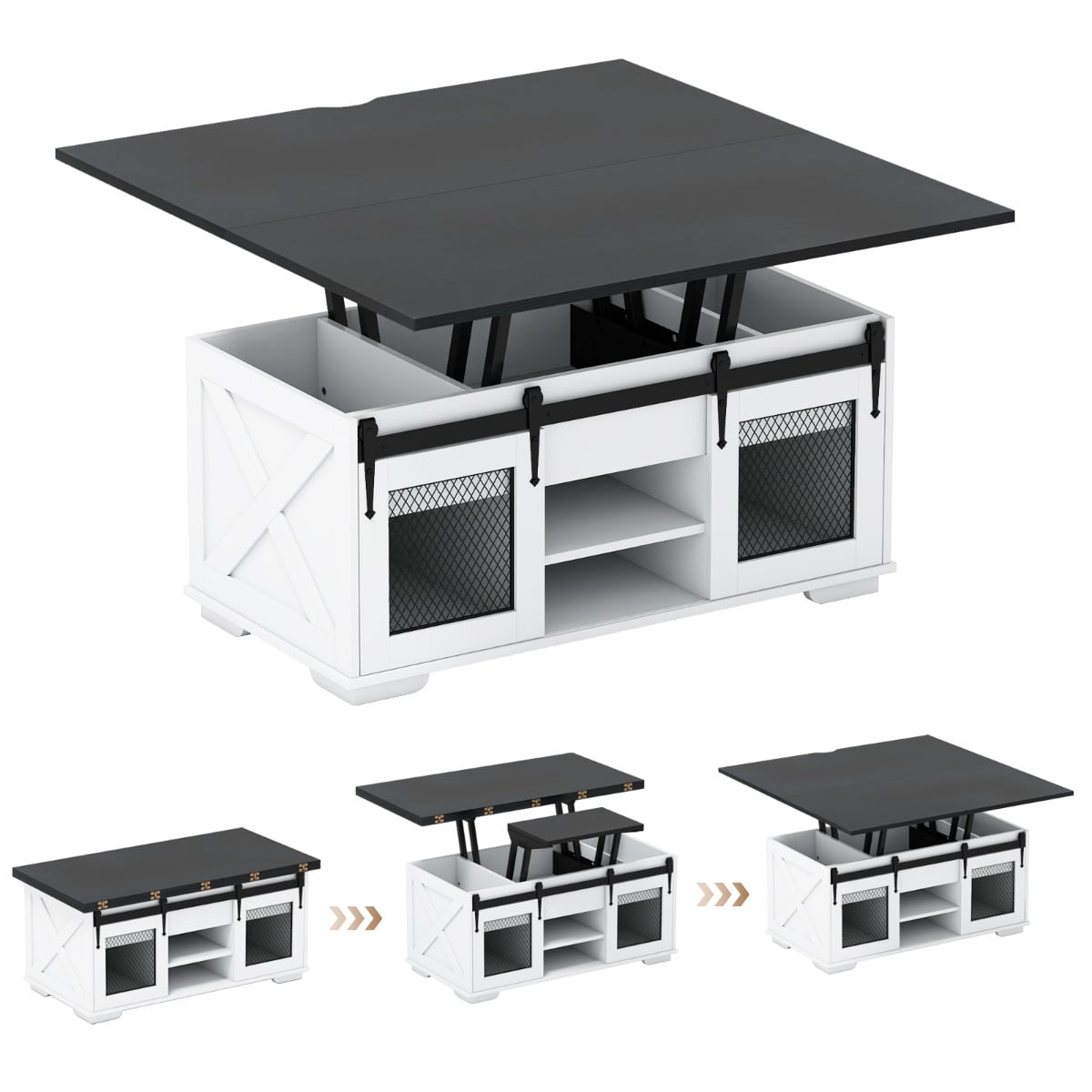 Lift Top Coffee Table with 2 Sliding Barn Doors and Open Shelves-Black