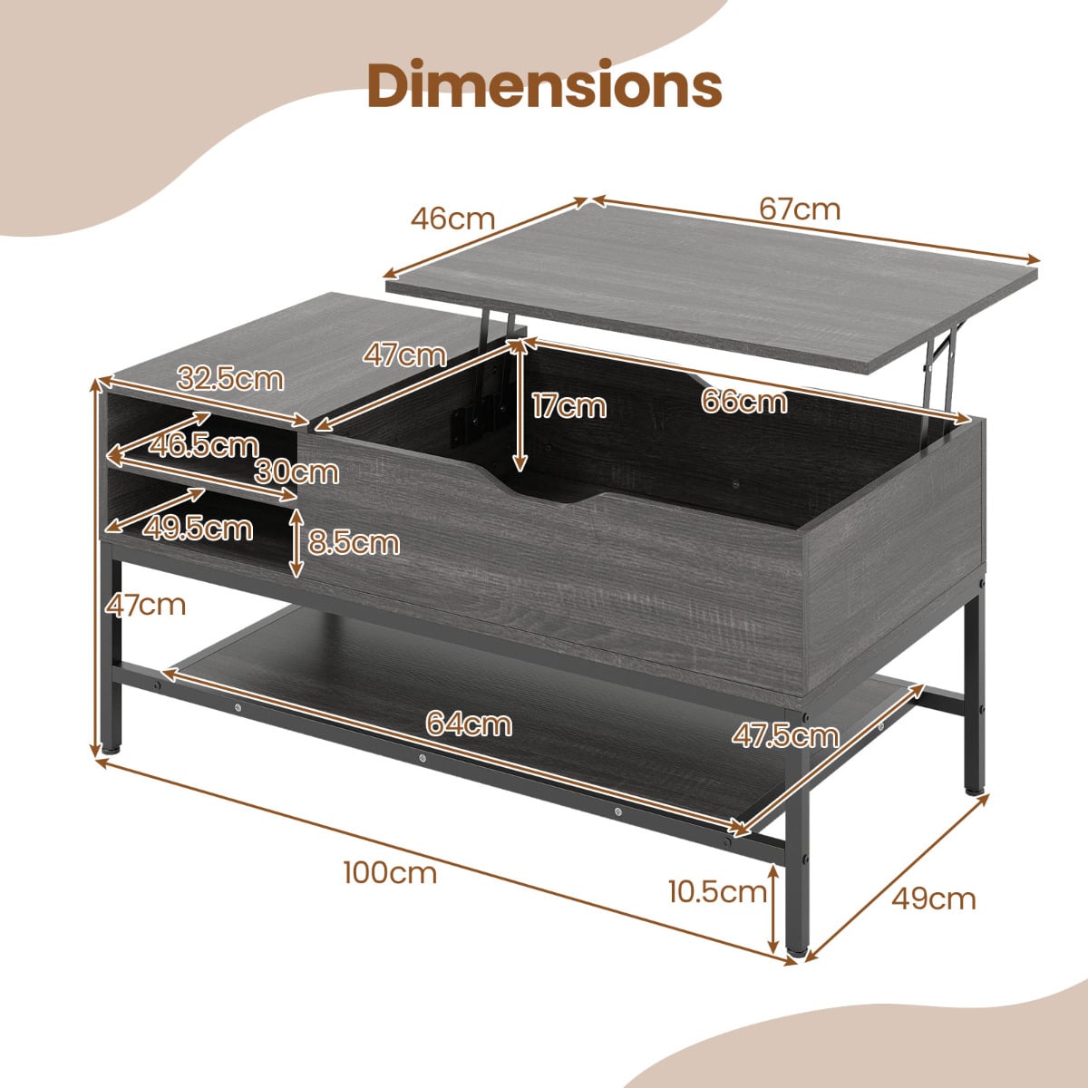 Lift Top Coffee Table with Hidden Compartment and Storage Shelf-Grey