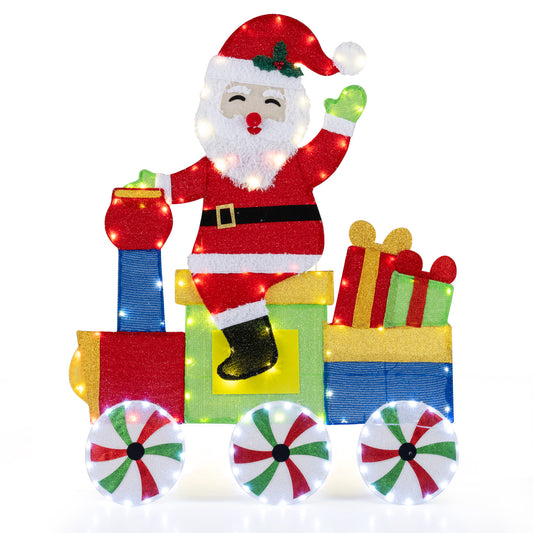 Lighted Santa on Train Christmas Decoration with LED Lights showing Santa waving on a colourful train