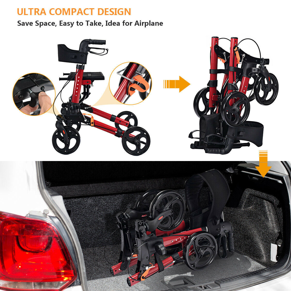 The folding mobility aid shown in stages of collapse and placed inside the boot of a car