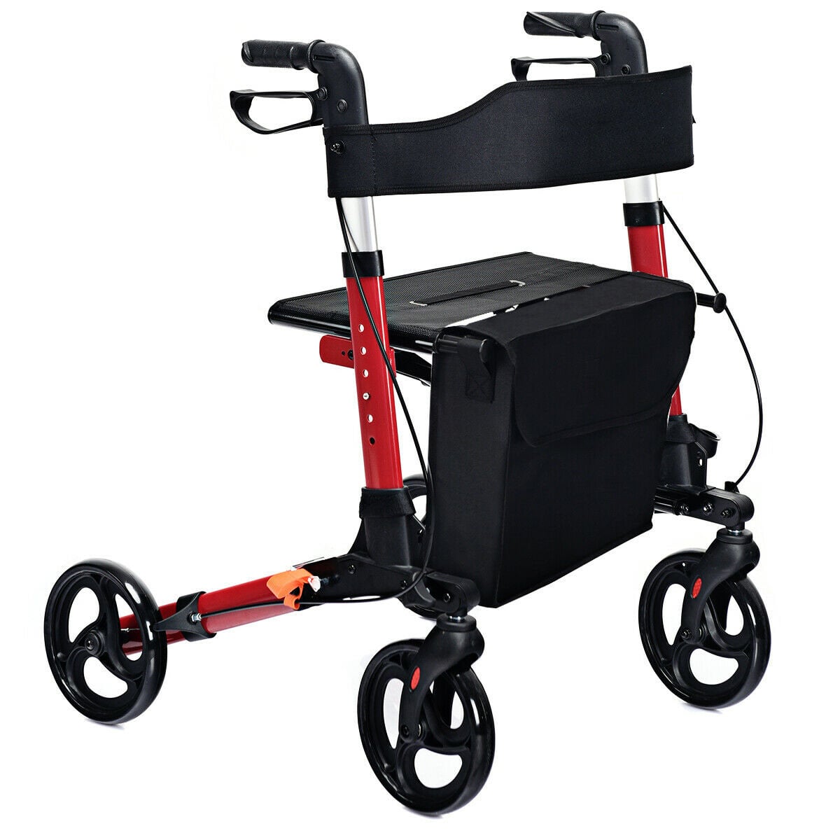 Lightweight Aluminium Folding Walking Mobility Aid With 4 Wheels in red with a black seat and storage bag