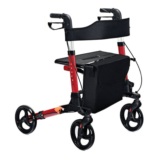 Lightweight Aluminium Folding Walking Mobility Aid With 4 Wheels in red with a black seat and storage bag