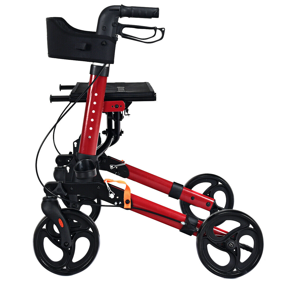 The red mobility aid viewed from the side showing the frame structure and the four wheels