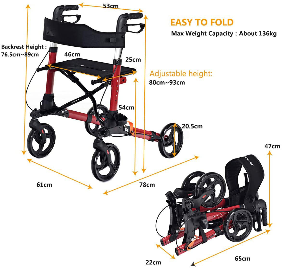 The red mobility aid with arrows and text indicating the various dimensions and height settings