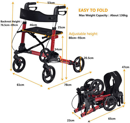 The red mobility aid with arrows and text indicating the various dimensions and height settings