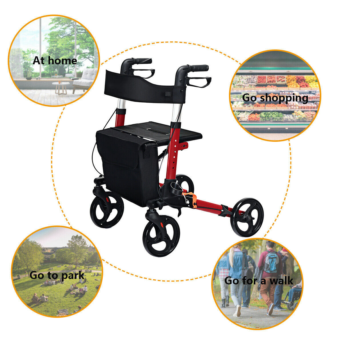 The red mobility aid surrounded by circular insets showing it being used in different locations