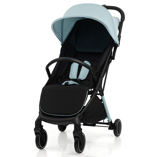 Lightweight Baby Stroller with Detachable Seat Cover in blue with a canopy and harness