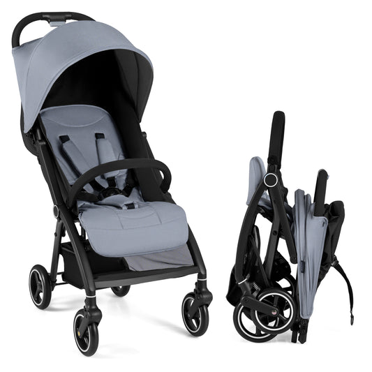 Lightweight Foldable Baby Stroller with Adjustable Backrest and Canopy in light grey, shown open with canopy up