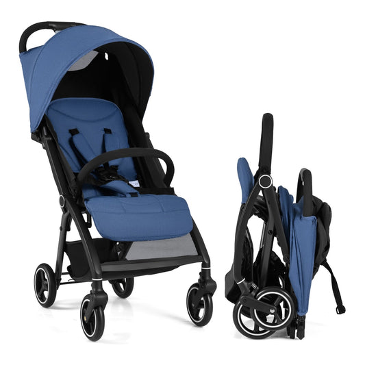 Lightweight Foldable Baby Stroller with Adjustable Backrest and Canopy in navy blue, shown from the front with the canopy up