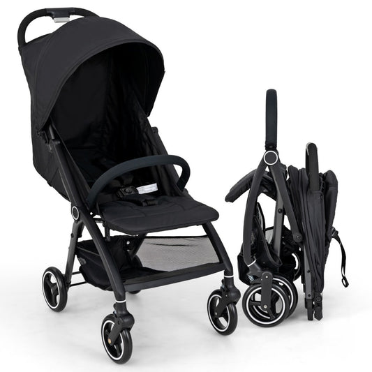 Lightweight Foldable Baby Stroller with Adjustable Backrest and Canopy in black, shown open with a folded version beside it
