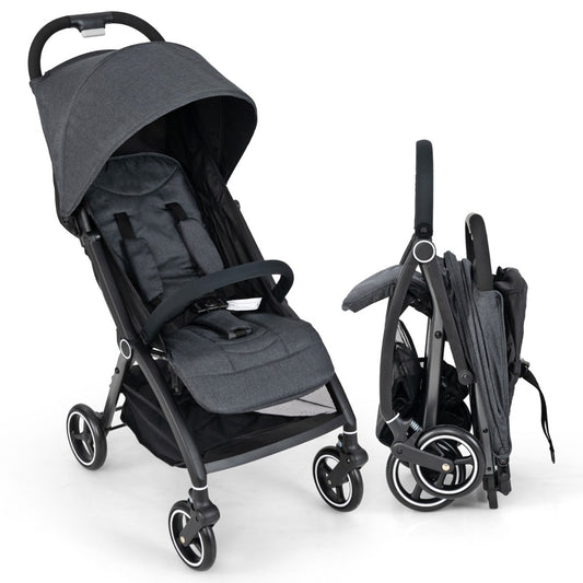 Lightweight Foldable Baby Stroller with Adjustable Backrest and Canopy in grey, shown open and folded