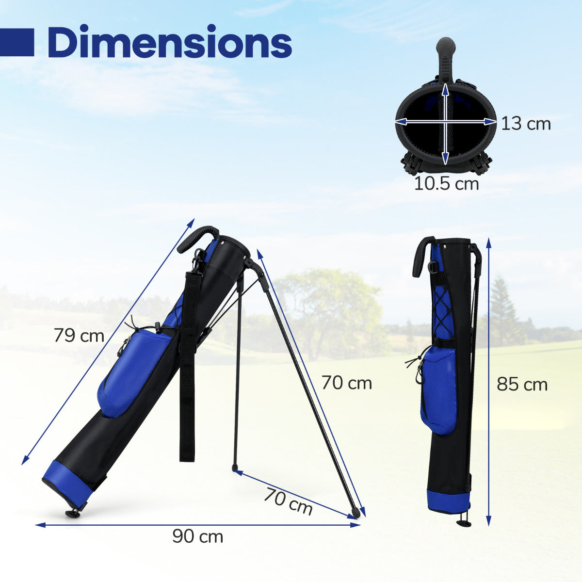 Dimensions diagram for the blue and black golf bag