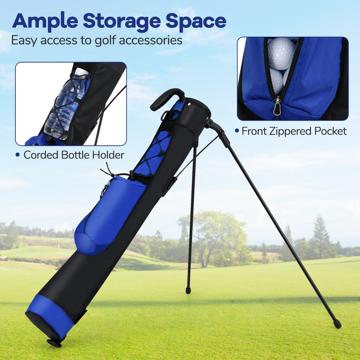 Side view of the golf bag showing storage pockets and bottle holder