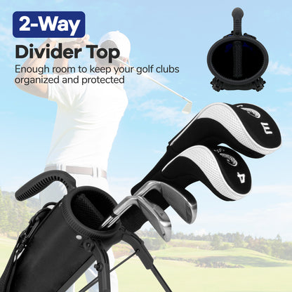 Close up of the top of the golf bag showing club dividers
