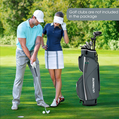 Couple on a golf course with the golf cart bag