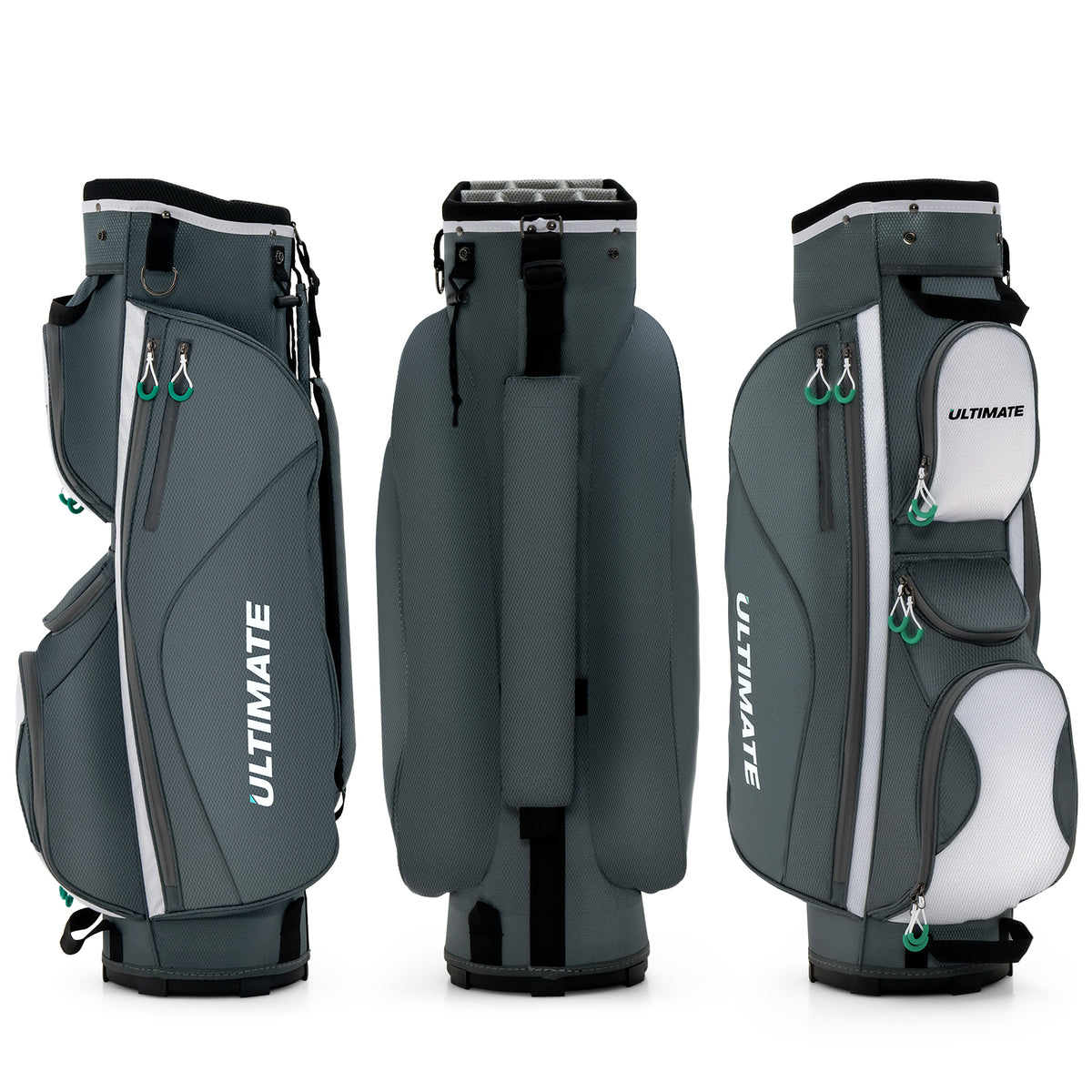 Three views of the dark grey golf cart bag