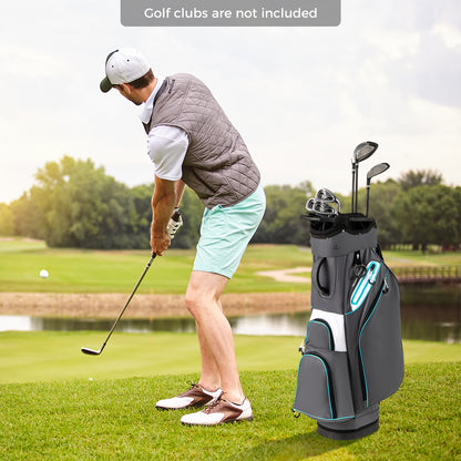 Man playing golf with the grey golf cart bag standing nearby