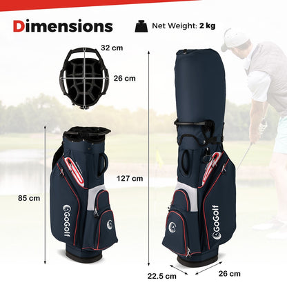 Dimensions of the navy golf cart bag with measurements shown