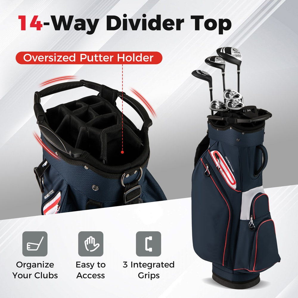 Close-up of the 14-way divider top and integrated grips on the golf cart bag