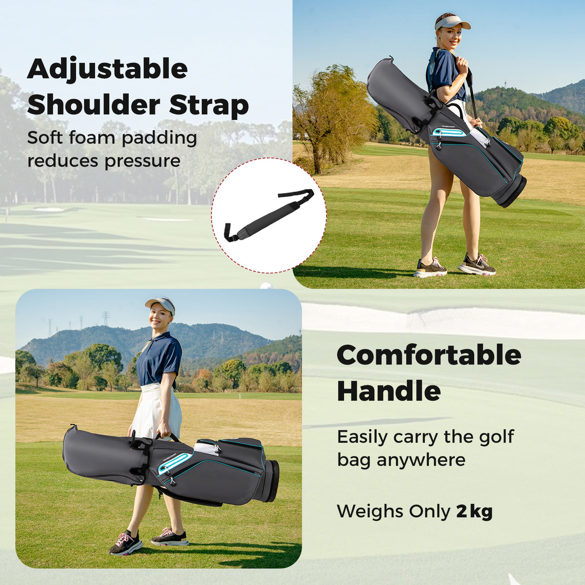 Collage showing the grey golf cart bag with shoulder strap and carrying it