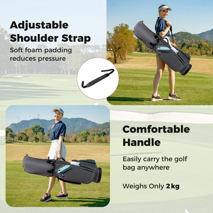 Collage showing the grey golf cart bag with shoulder strap and carrying it